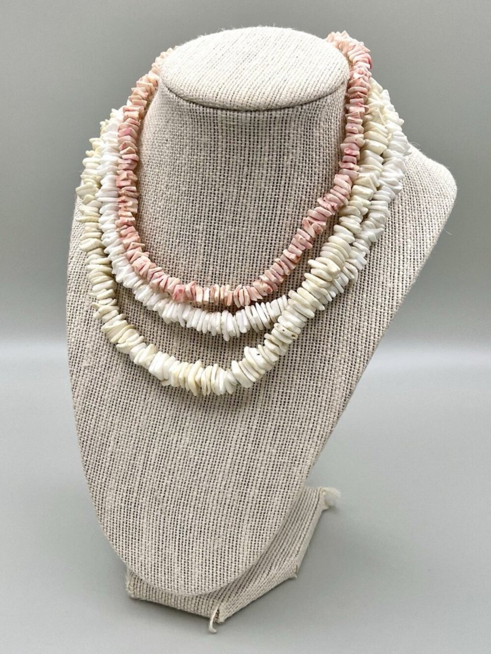 Vintage Shell Puka Chip Necklace Set of 3 White Cream Pink Coastal Boho Surfer